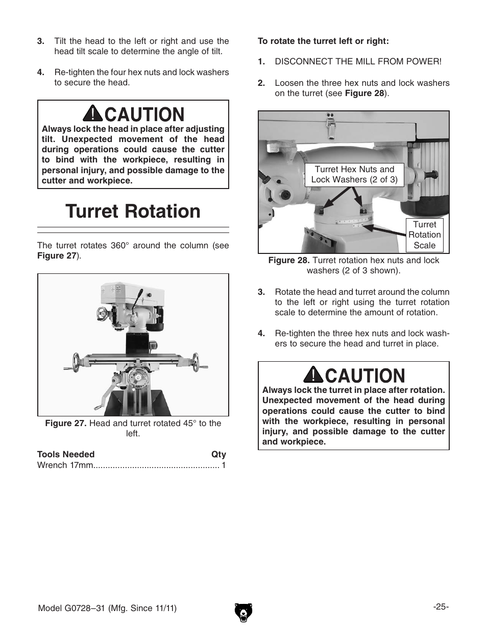 Turret rotation | Grizzly Vertical Milling Machines G0728 User Manual | Page 27 / 60