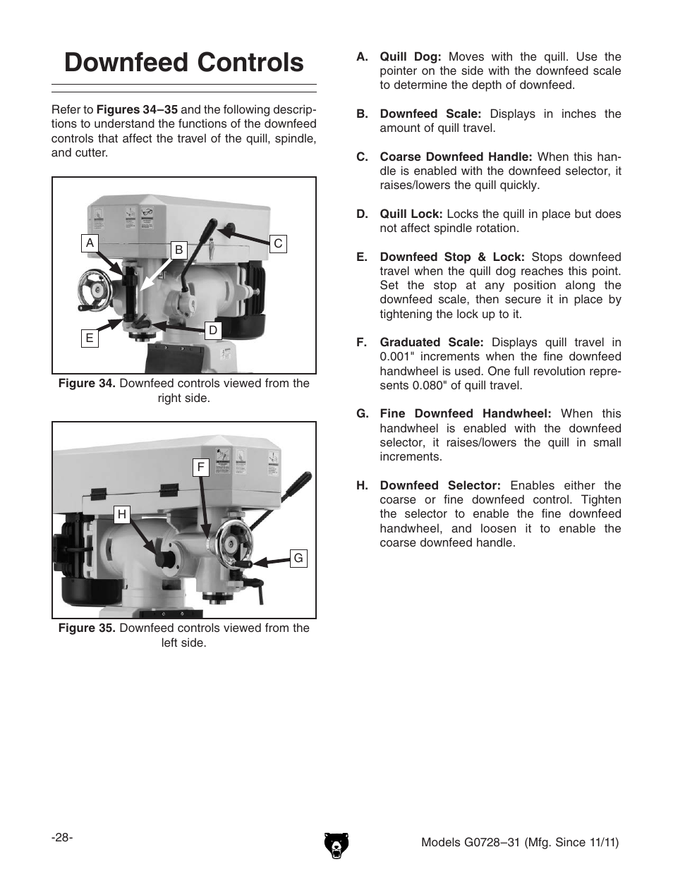 Downfeed controls | Grizzly Vertical Milling Machines G0728 User Manual | Page 30 / 60