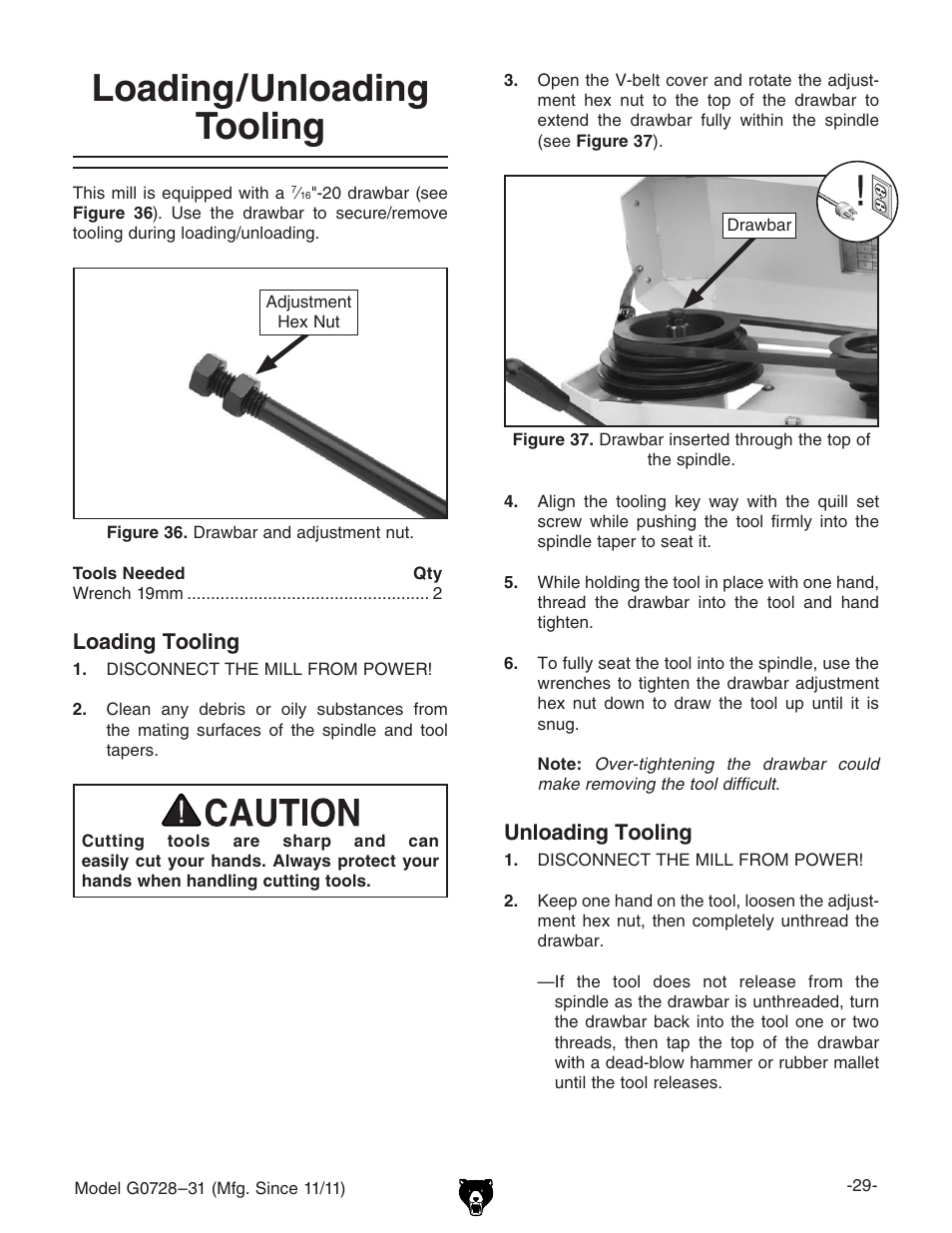 Loading/unloading tooling | Grizzly Vertical Milling Machines G0728 User Manual | Page 31 / 60
