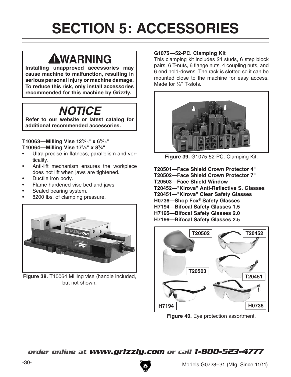 Notice, Order online at, Or call | Grizzly Vertical Milling Machines G0728 User Manual | Page 32 / 60