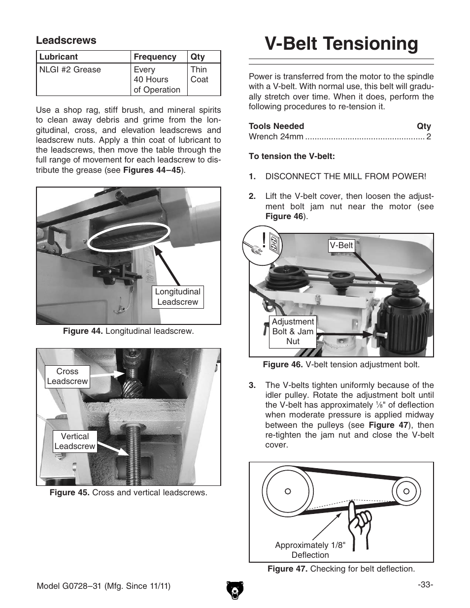 V-belt tensioning, Leadscrews | Grizzly Vertical Milling Machines G0728 User Manual | Page 35 / 60