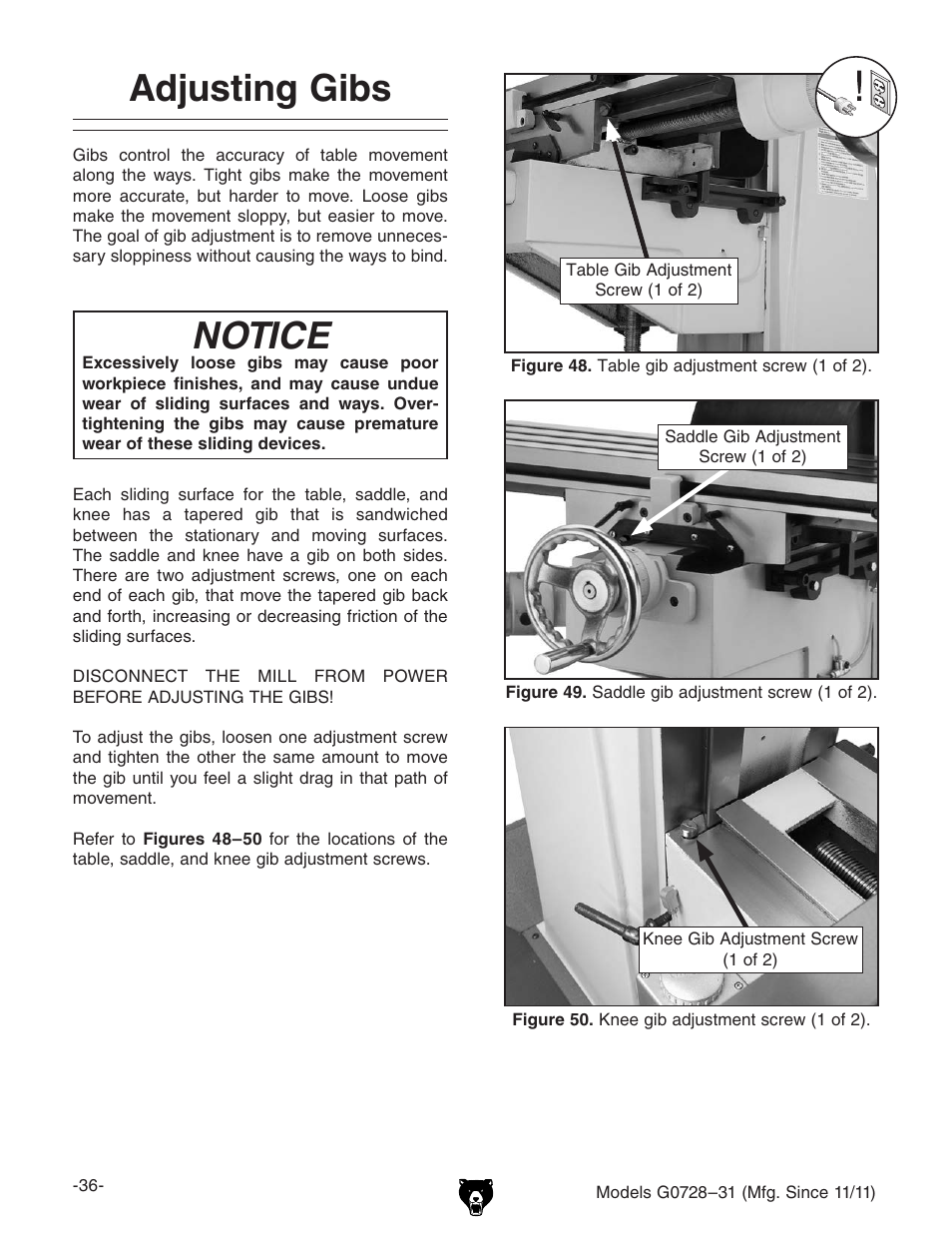 Adjusting gibs, Notice | Grizzly Vertical Milling Machines G0728 User Manual | Page 38 / 60