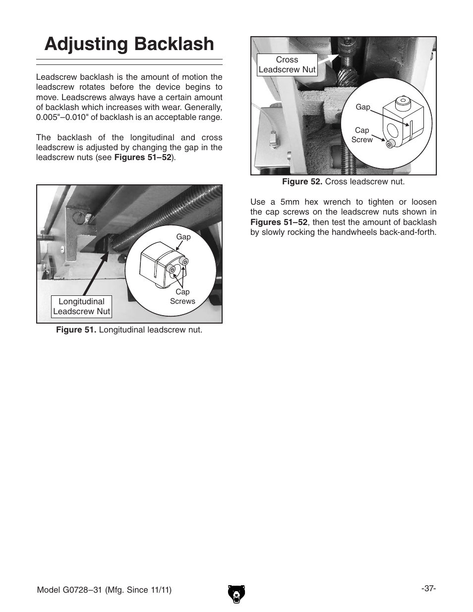Adjusting backlash | Grizzly Vertical Milling Machines G0728 User Manual | Page 39 / 60