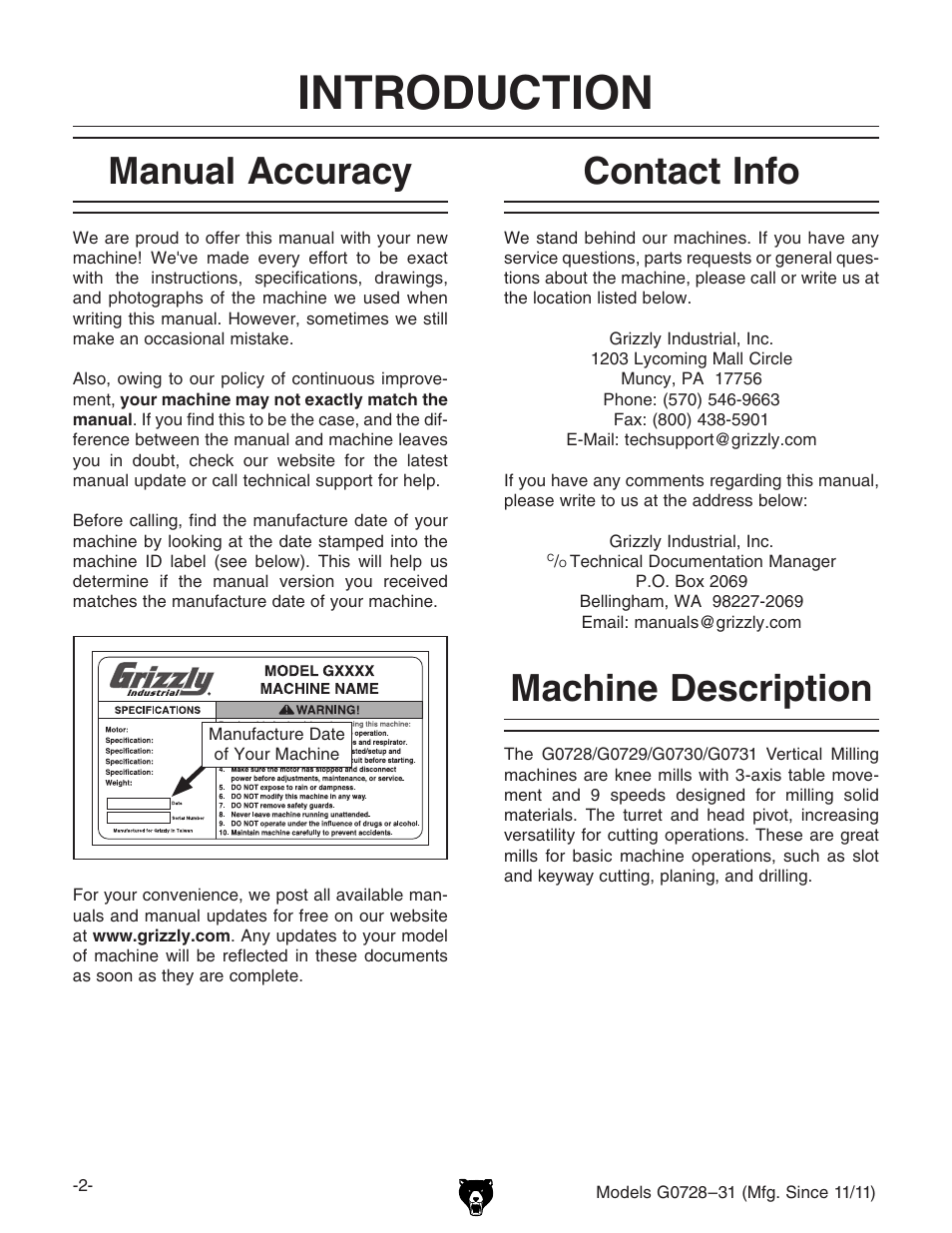 Introduction, Contact info machine description, Manual accuracy | Grizzly Vertical Milling Machines G0728 User Manual | Page 4 / 60