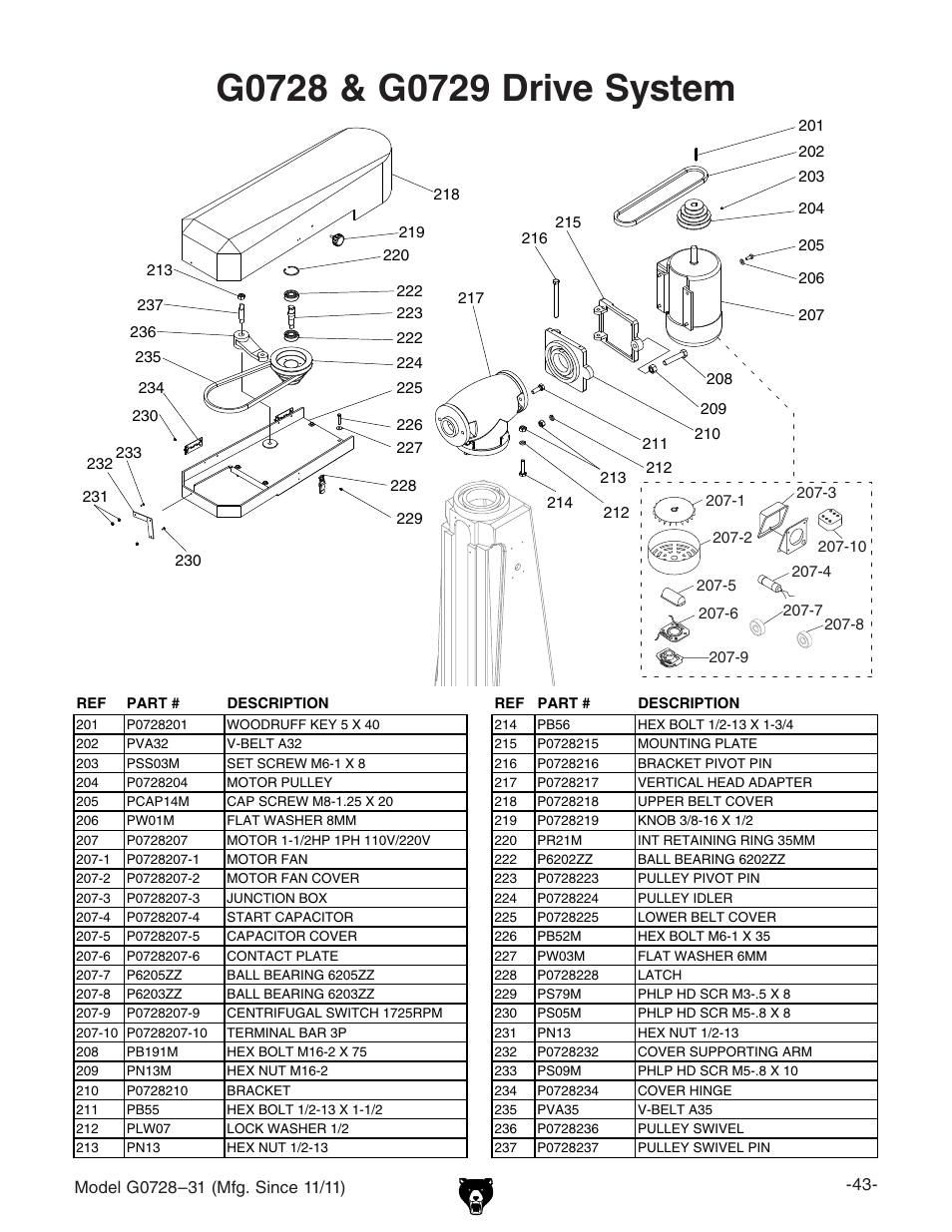 Grizzly Vertical Milling Machines G0728 User Manual | Page 45 / 60