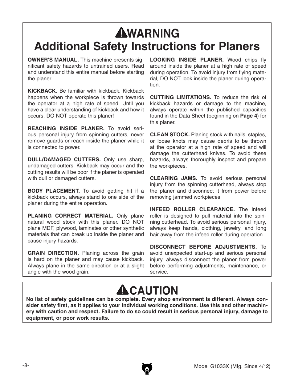 Additional safety instructions for planers | Grizzly G1033X User Manual | Page 10 / 56