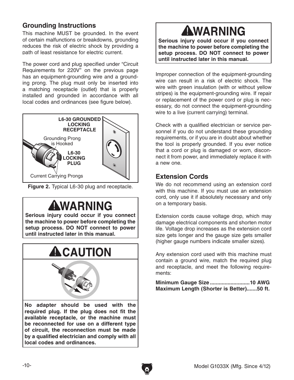 Extension cords, Grounding instructions | Grizzly G1033X User Manual | Page 12 / 56