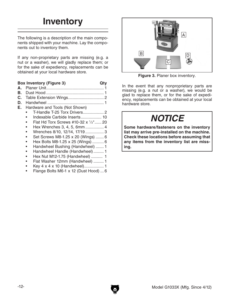 Notice, Inventory | Grizzly G1033X User Manual | Page 14 / 56