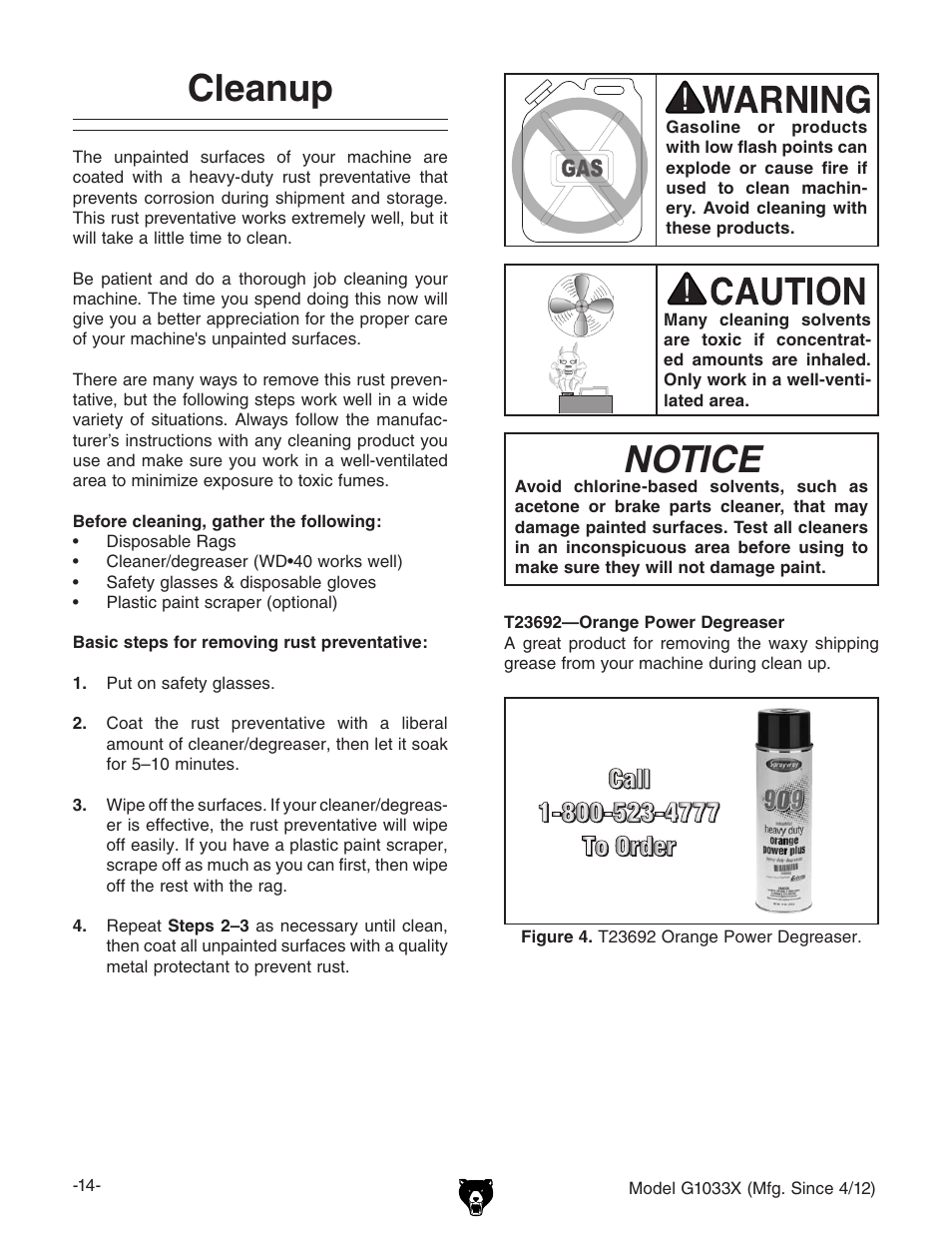 Notice, Cleanup | Grizzly G1033X User Manual | Page 16 / 56