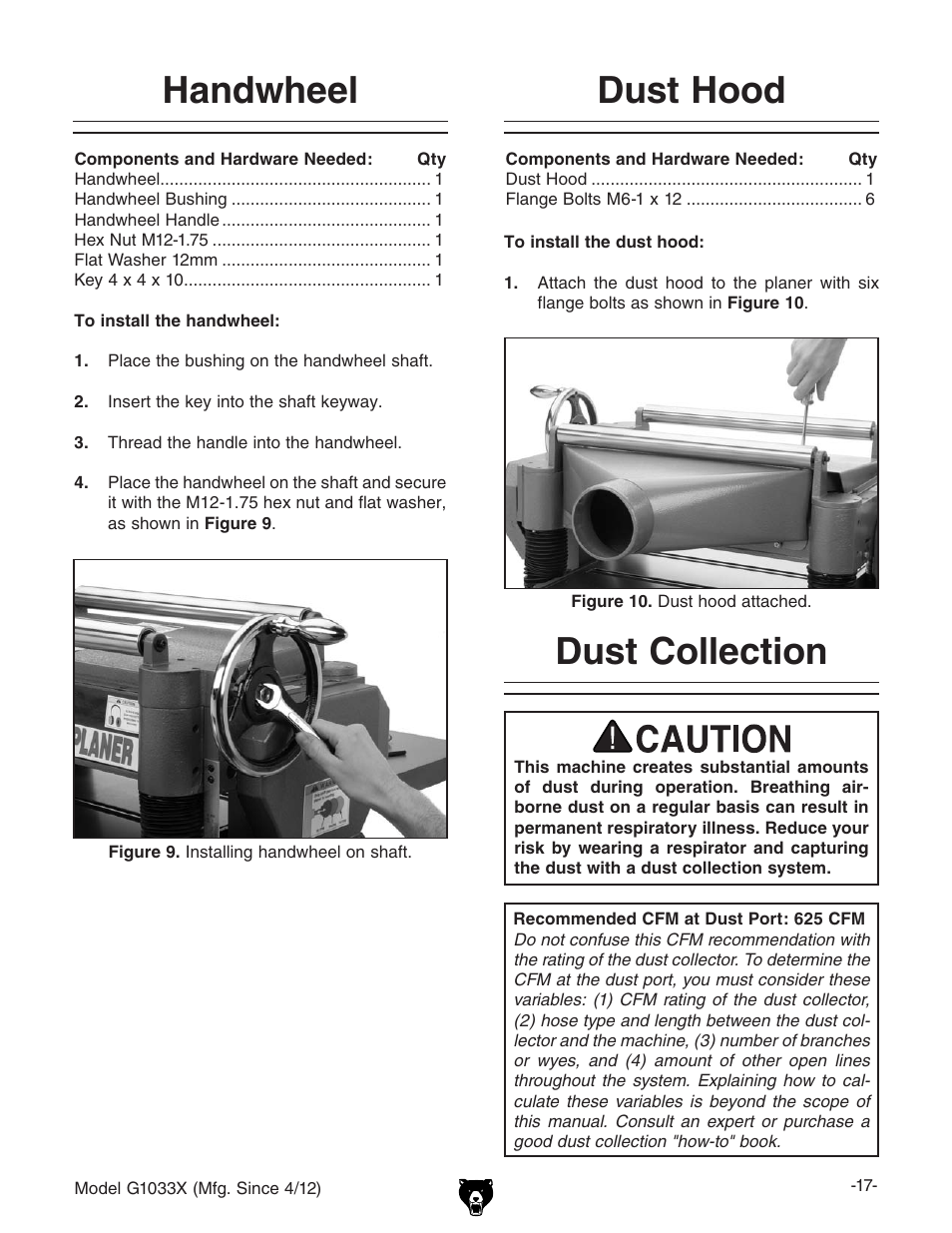 Handwheel, Dust hood, Dust collection | Grizzly G1033X User Manual | Page 19 / 56