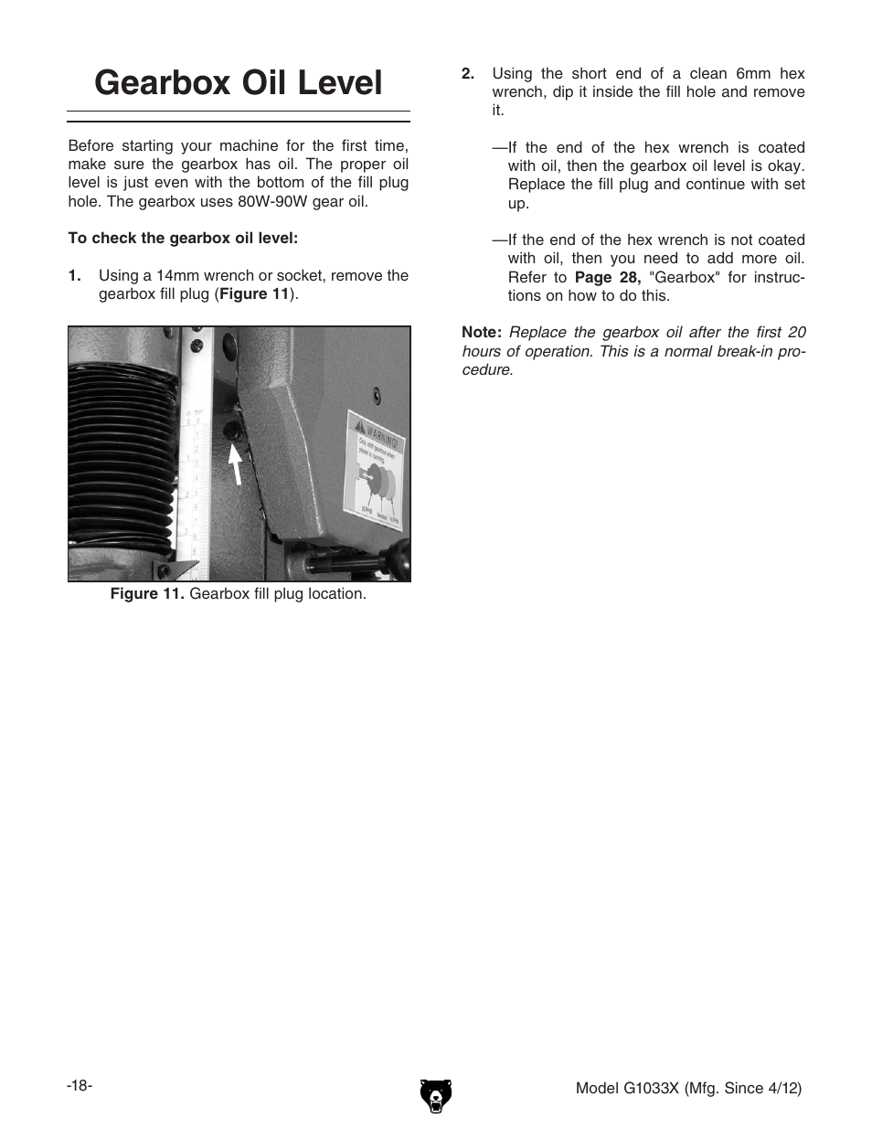 Gearbox oil level | Grizzly G1033X User Manual | Page 20 / 56