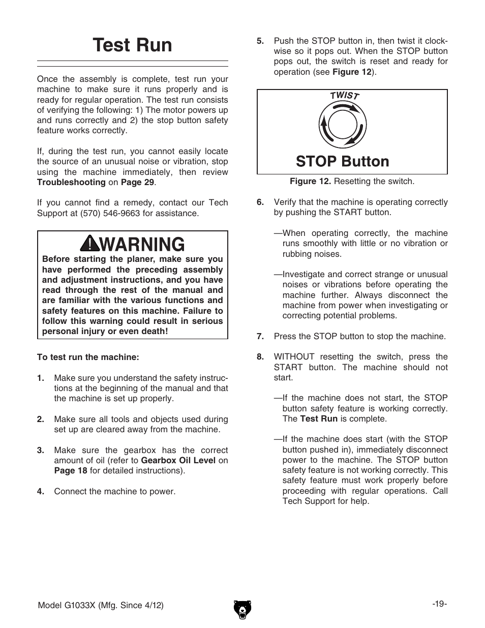 Test run | Grizzly G1033X User Manual | Page 21 / 56