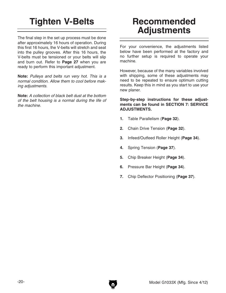 Tighten v-belts, Recommended adjustments | Grizzly G1033X User Manual | Page 22 / 56