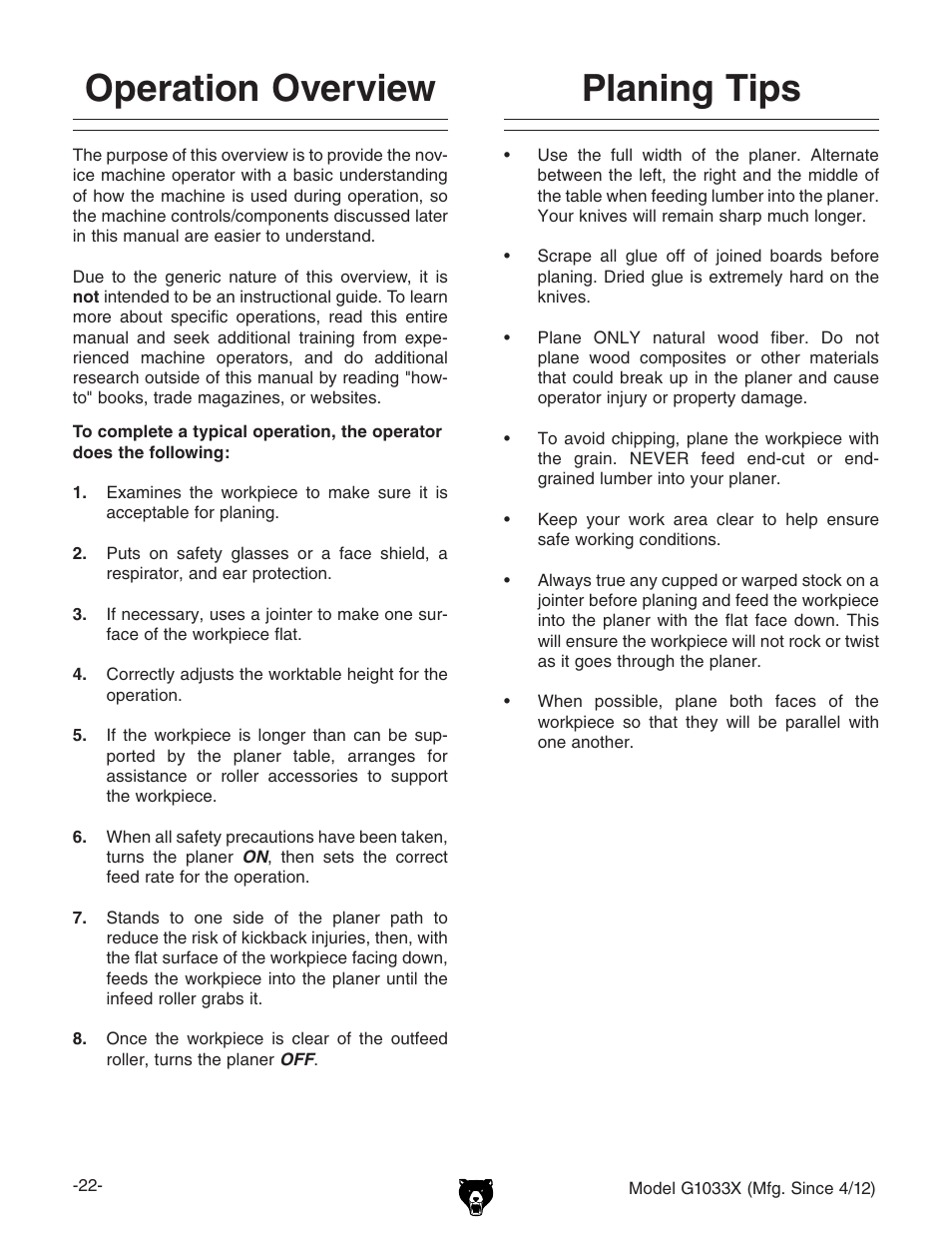 Operation overview, Planing tips | Grizzly G1033X User Manual | Page 24 / 56