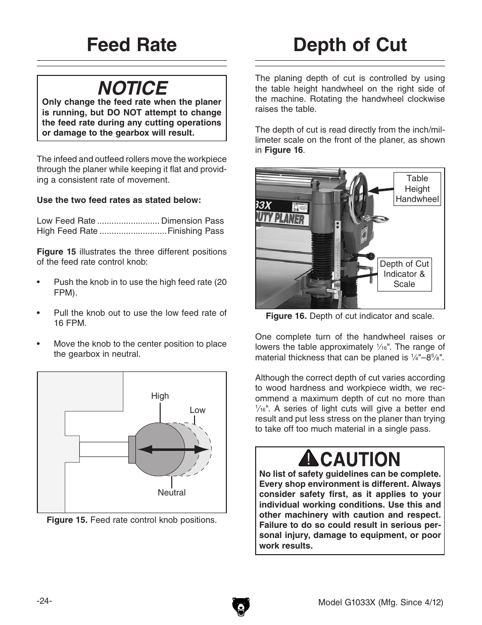 Depth of cut, Feed rate notice | Grizzly G1033X User Manual | Page 26 / 56