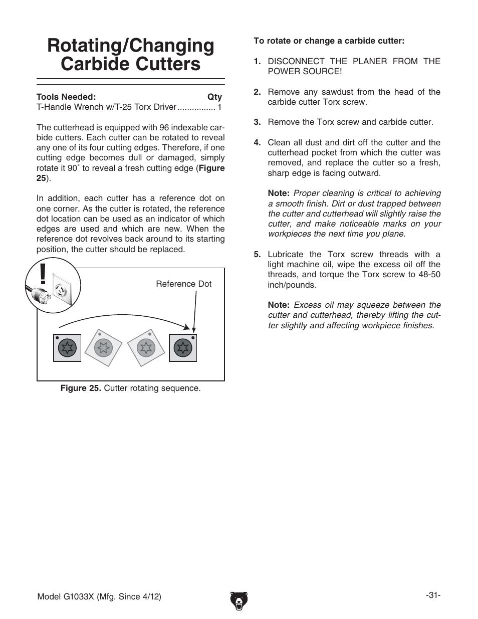Rotating/changing carbide cutters | Grizzly G1033X User Manual | Page 33 / 56