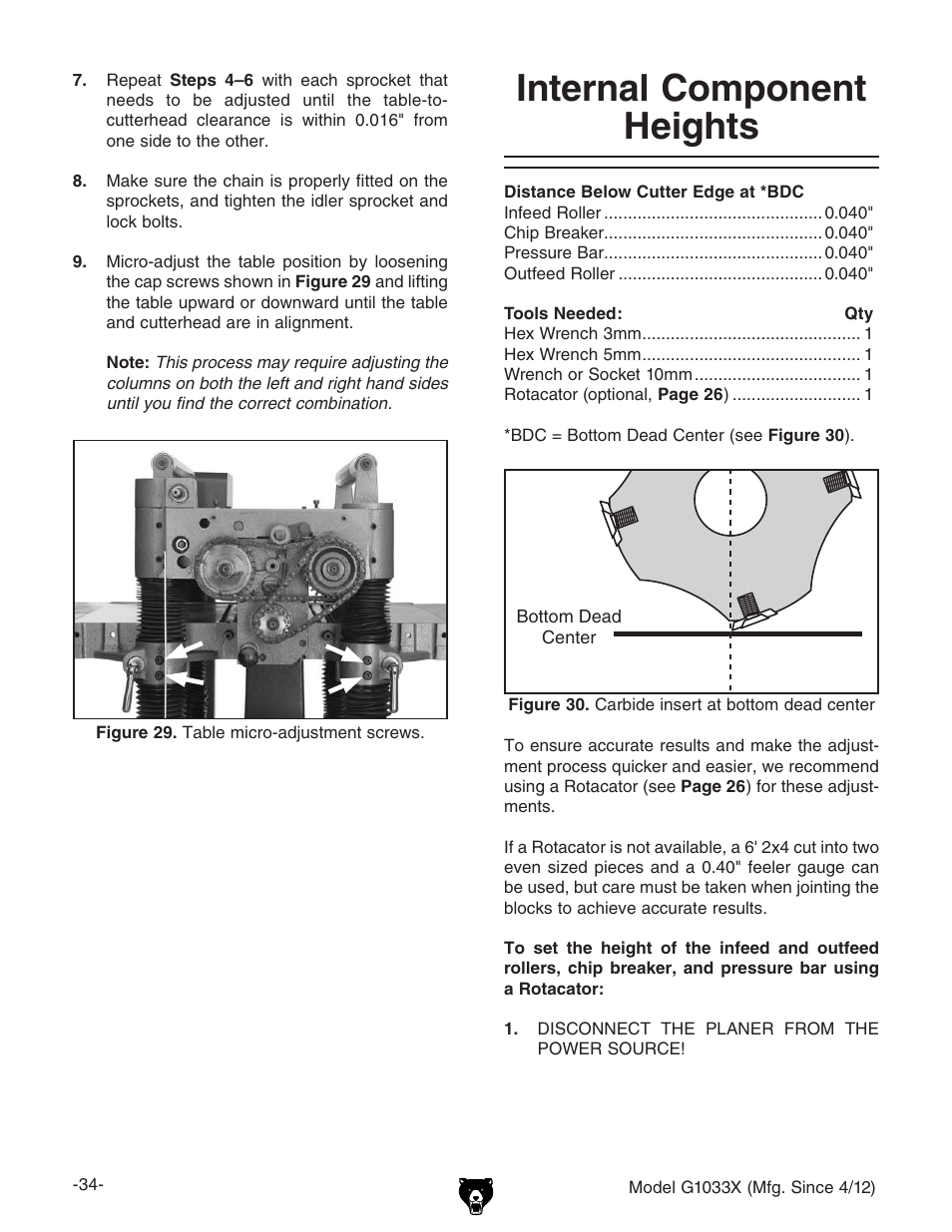 Internal component heights | Grizzly G1033X User Manual | Page 36 / 56