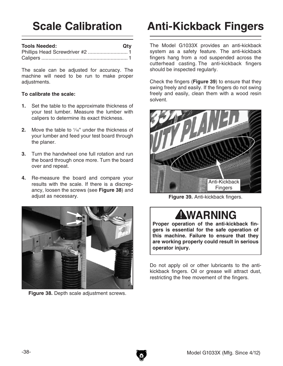 Scale calibration, Anti-kickback fingers | Grizzly G1033X User Manual | Page 40 / 56