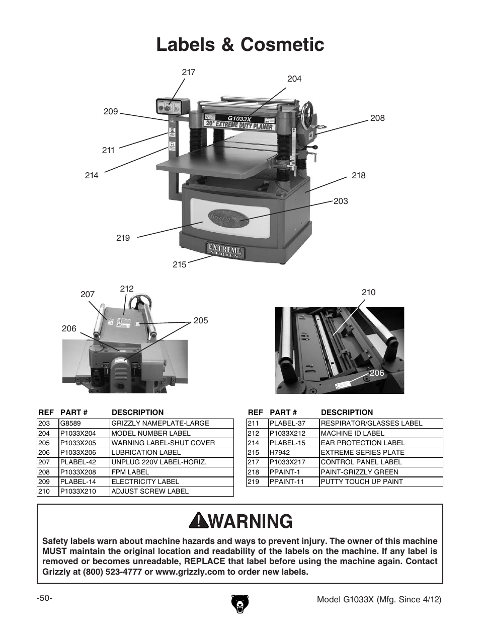Labels & cosmetic | Grizzly G1033X User Manual | Page 52 / 56