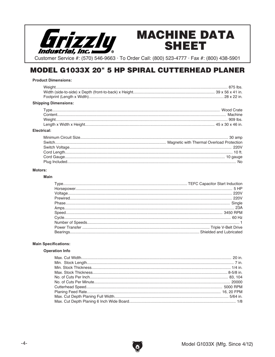 Machine data sheet | Grizzly G1033X User Manual | Page 6 / 56