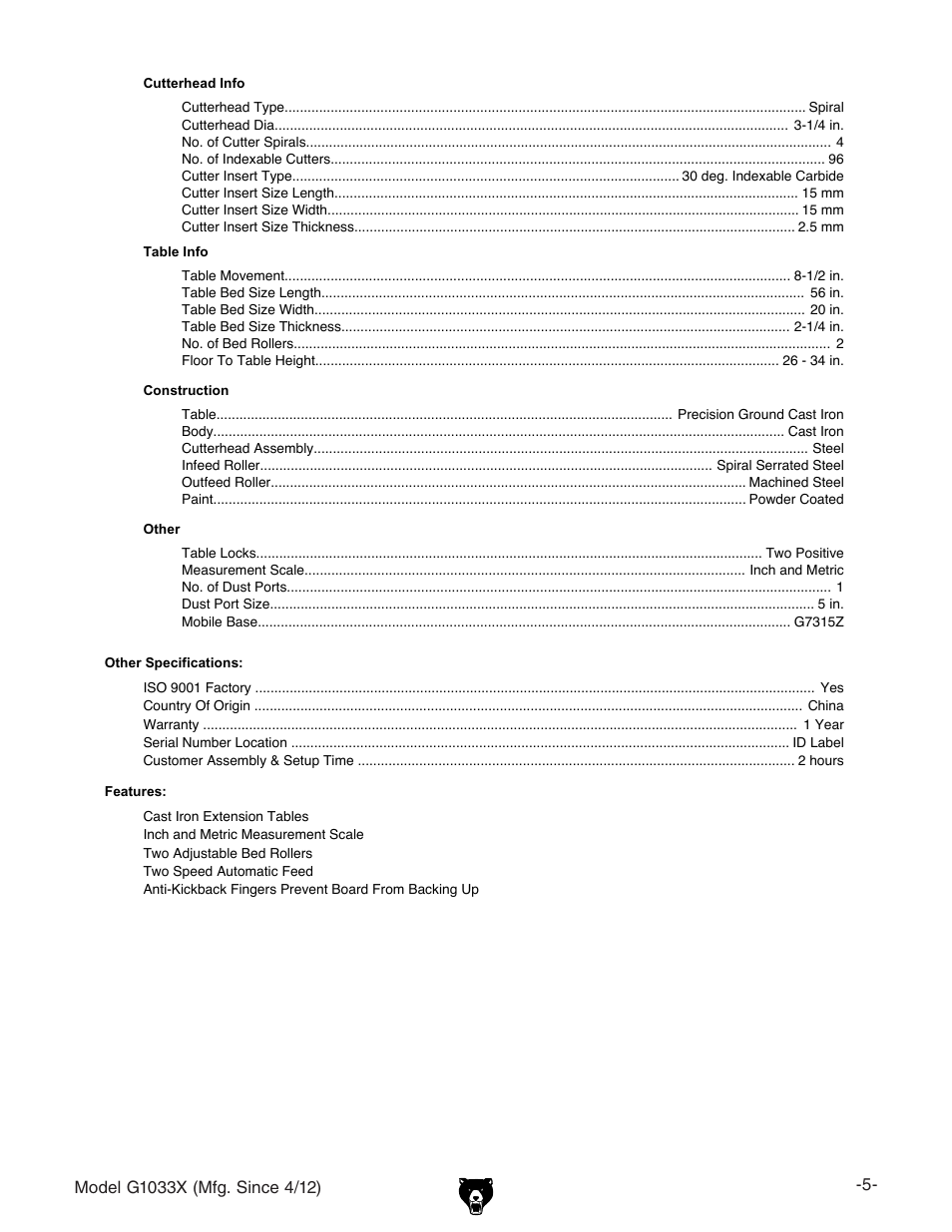 Grizzly G1033X User Manual | Page 7 / 56