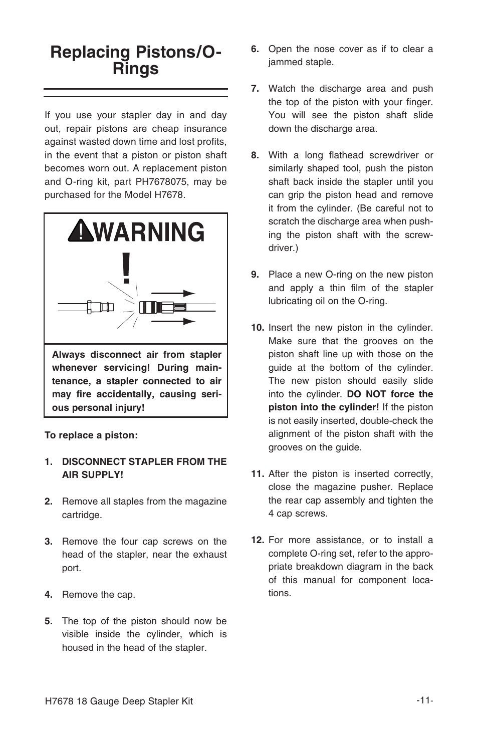 Replacing pistons/o- rings | Grizzly 18 gauge deep stapler Kit H7678 User Manual | Page 13 / 20