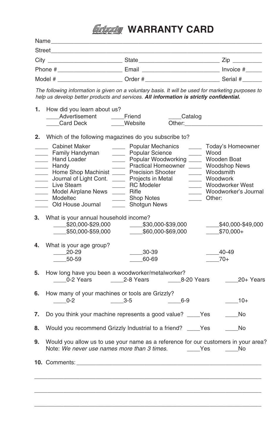 Warranty card | Grizzly 18 gauge deep stapler Kit H7678 User Manual | Page 19 / 20