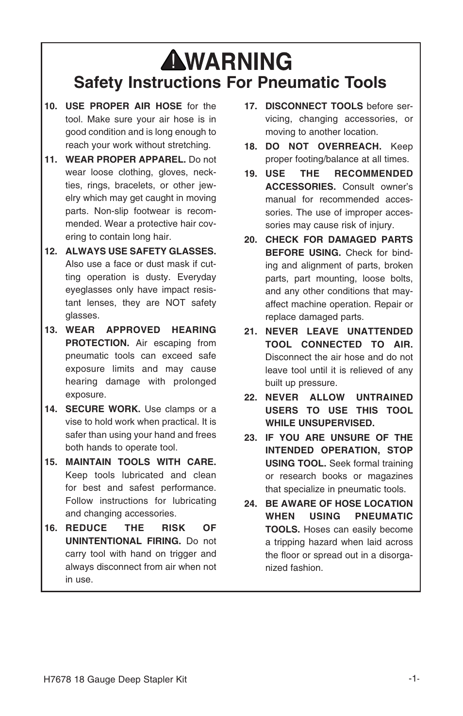 Safety instructions for pneumatic tools | Grizzly 18 gauge deep stapler Kit H7678 User Manual | Page 3 / 20