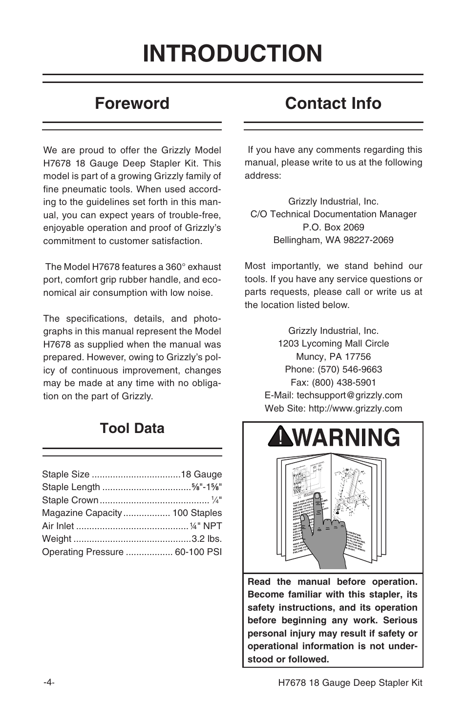 Introduction, Foreword contact info, Tool data | Grizzly 18 gauge deep stapler Kit H7678 User Manual | Page 6 / 20