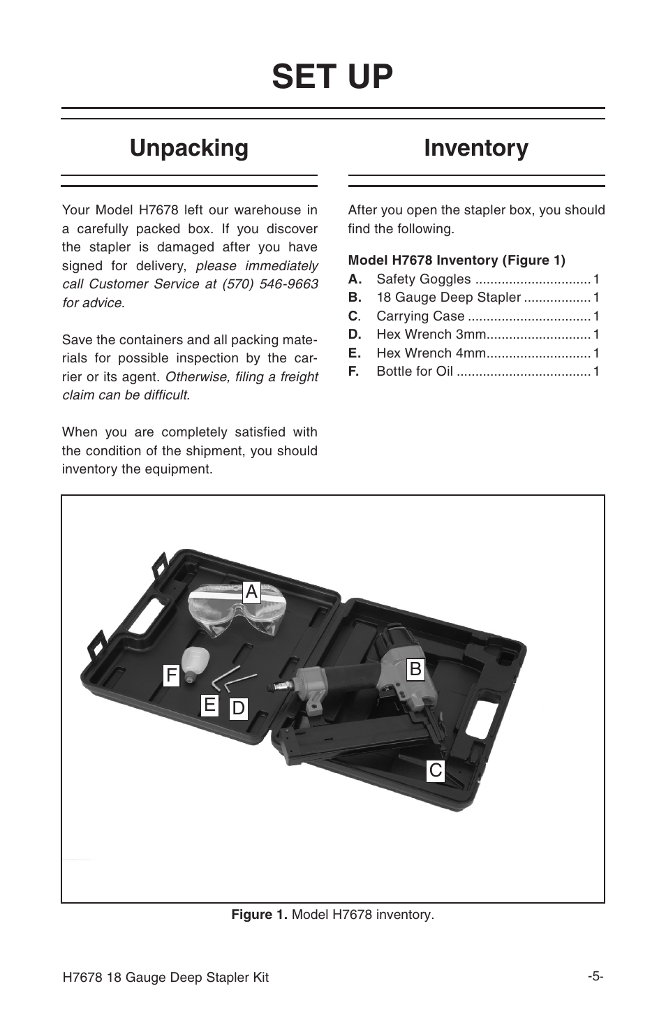 Set up, Unpacking, Inventory | Grizzly 18 gauge deep stapler Kit H7678 User Manual | Page 7 / 20