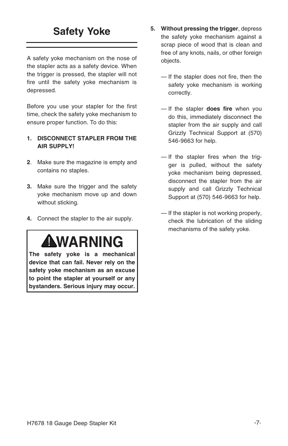 Safety yoke | Grizzly 18 gauge deep stapler Kit H7678 User Manual | Page 9 / 20