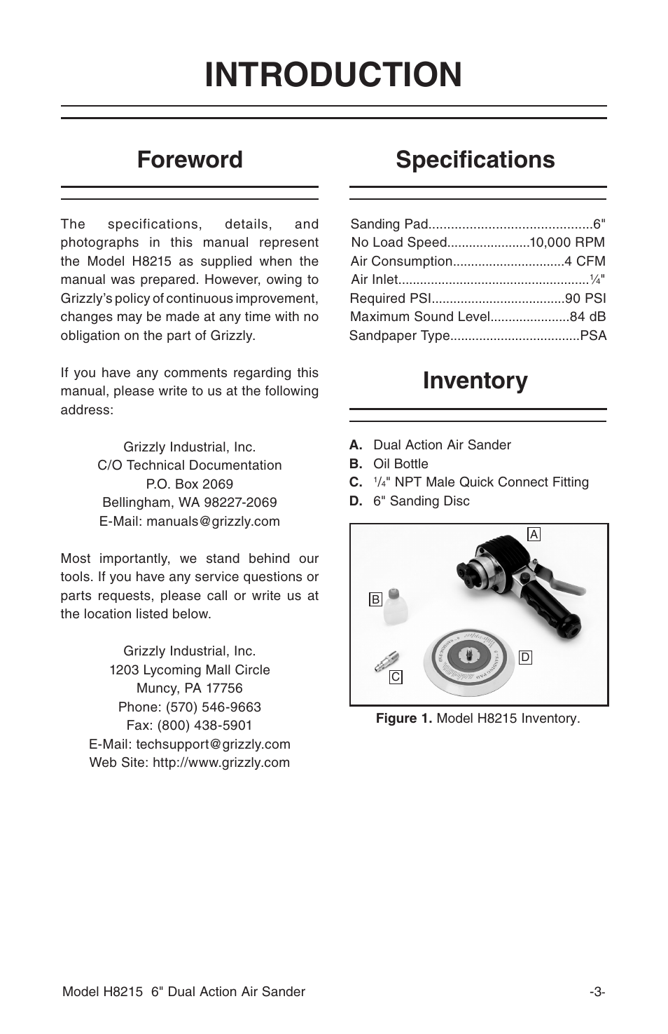 Introduction, Specifications, Foreword | Inventory | Grizzly H8215 User Manual | Page 5 / 8