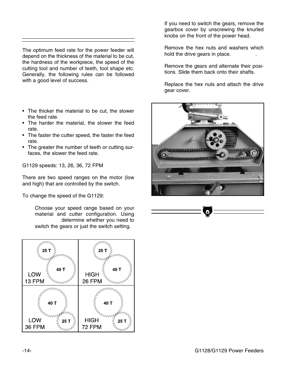 G1129 feed rates | Grizzly G1129 User Manual | Page 16 / 39
