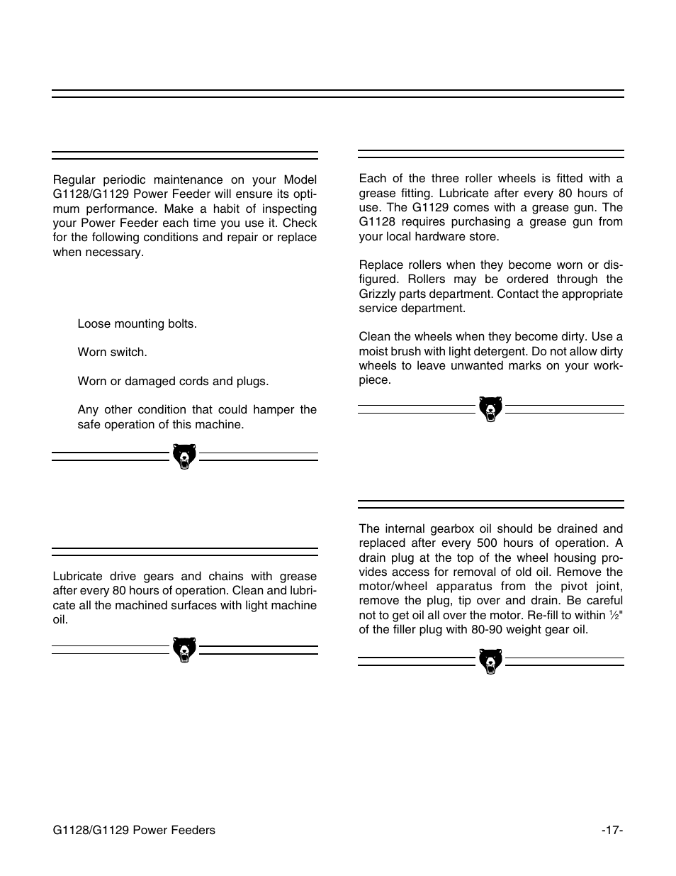 Gearbox lubrication, General, Rollers | Drive gears | Grizzly G1129 User Manual | Page 19 / 39