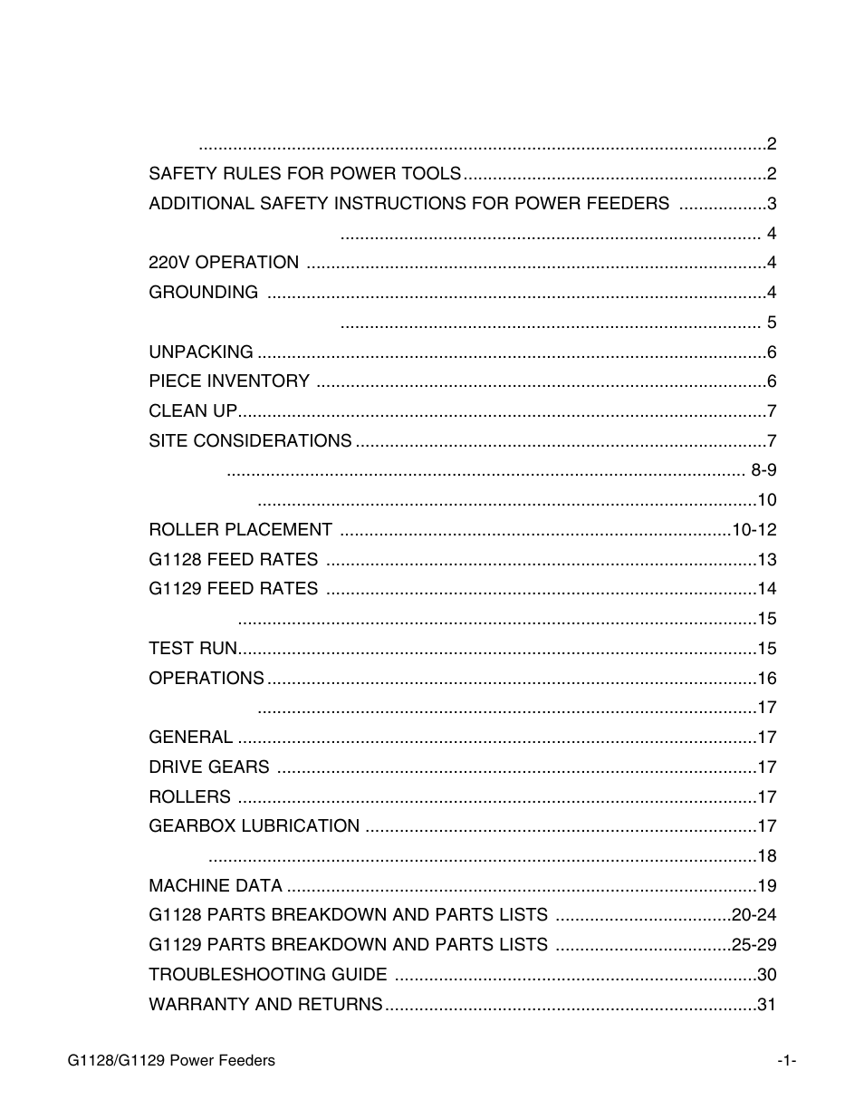 Grizzly G1129 User Manual | Page 3 / 39