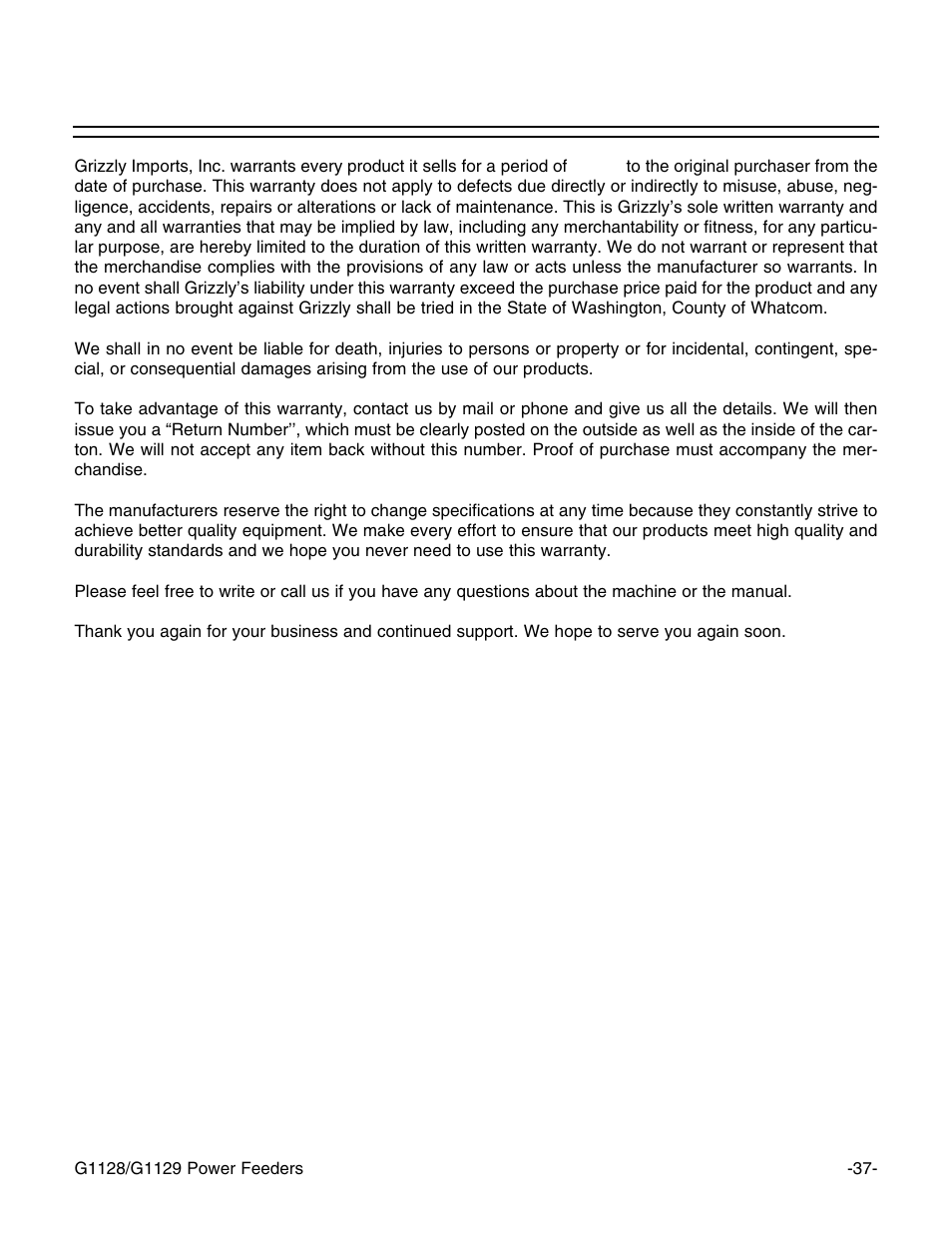 Warranty and returns | Grizzly G1129 User Manual | Page 39 / 39