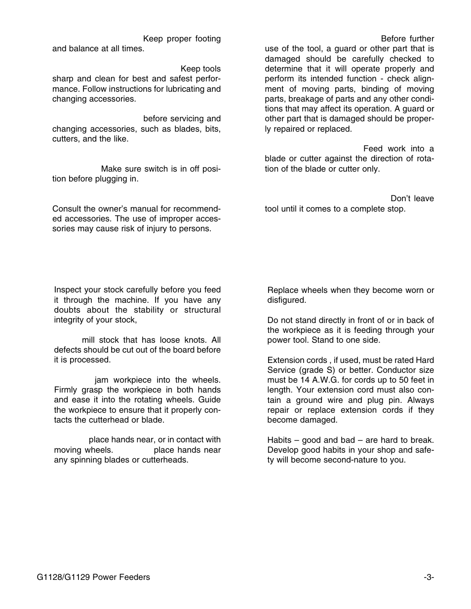 Additional safety instructions for power feeders | Grizzly G1129 User Manual | Page 5 / 39