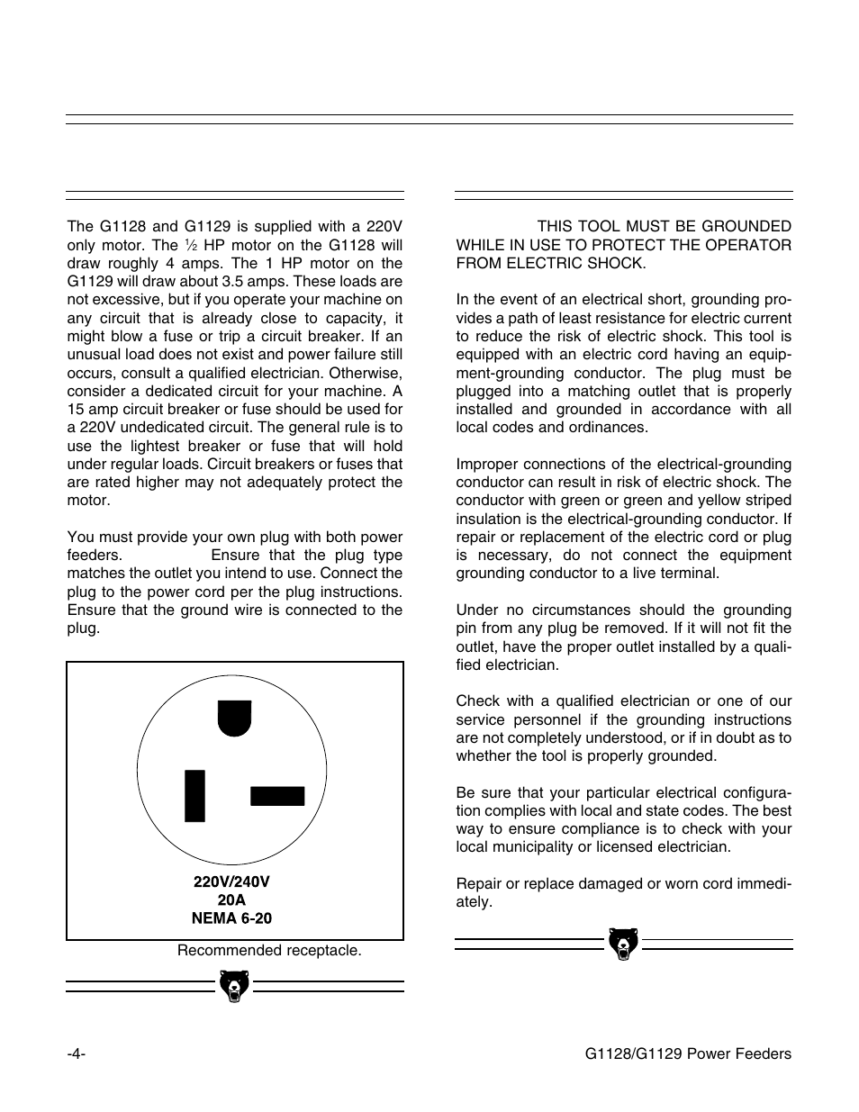220v operation, Grounding | Grizzly G1129 User Manual | Page 6 / 39