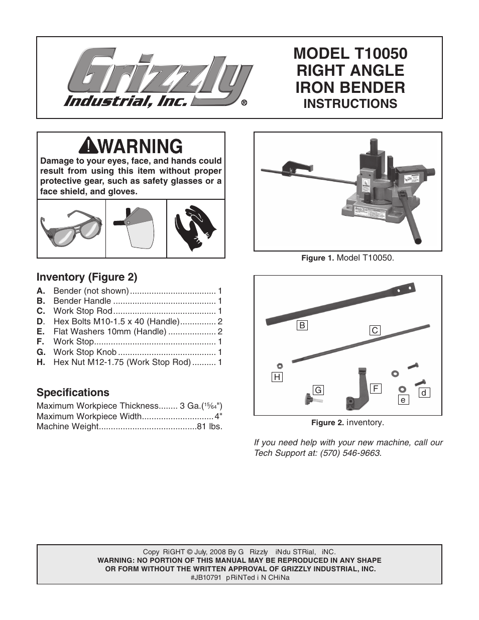 Grizzly T10050 User Manual | 8 pages