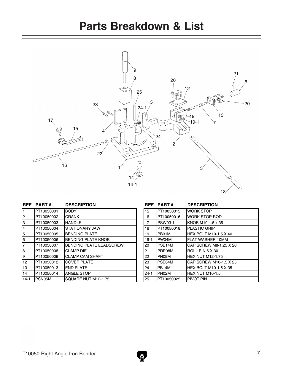 Parts breakdown & list | Grizzly T10050 User Manual | Page 7 / 8