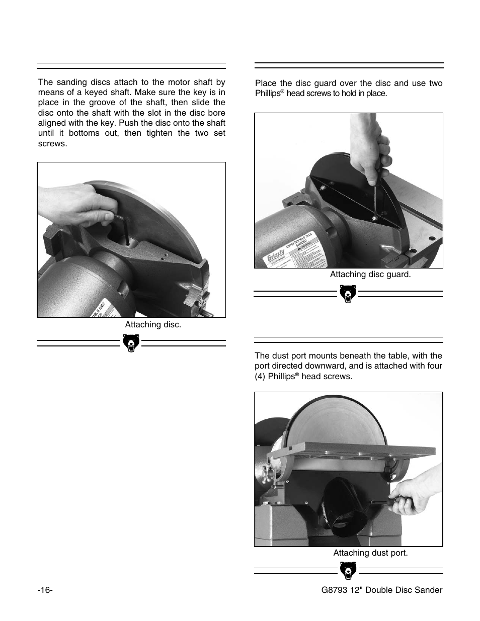 Dust ports, Attaching disc guard, Attaching disc | Grizzly G8793 User Manual | Page 18 / 26