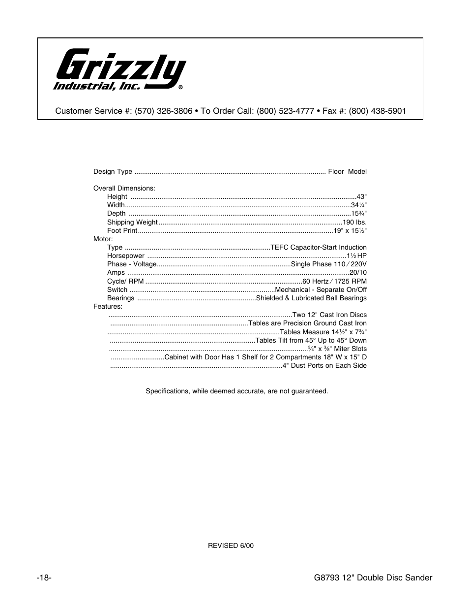Machine data sheet, Grizzly model g8793 double disc sander | Grizzly G8793 User Manual | Page 20 / 26