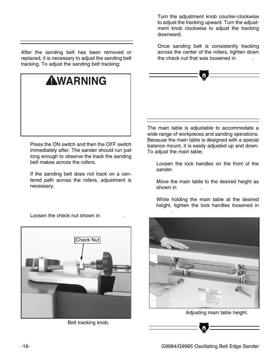 Main table height, Sanding belt tracking | Grizzly G9985 User Manual | Page 18 / 44
