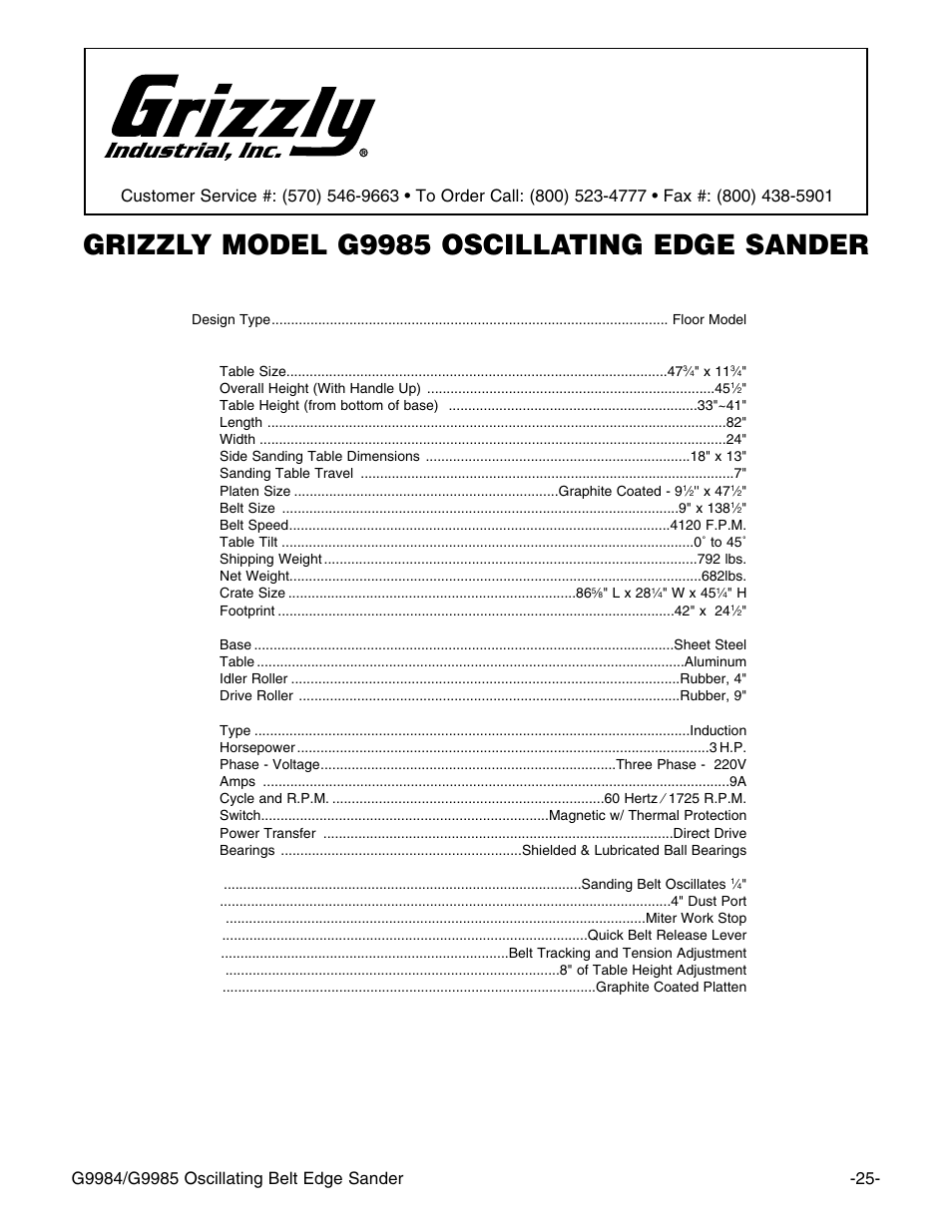 Machine data sheet, Grizzly model g9985 oscillating edge sander | Grizzly G9985 User Manual | Page 27 / 44