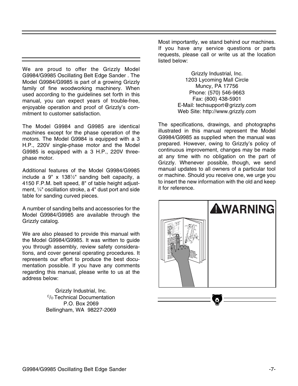 Commentary | Grizzly G9985 User Manual | Page 9 / 44