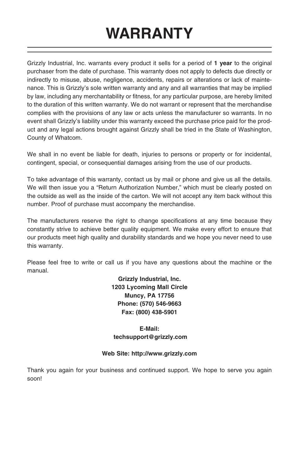 Warranty | Grizzly T10008 User Manual | Page 15 / 16