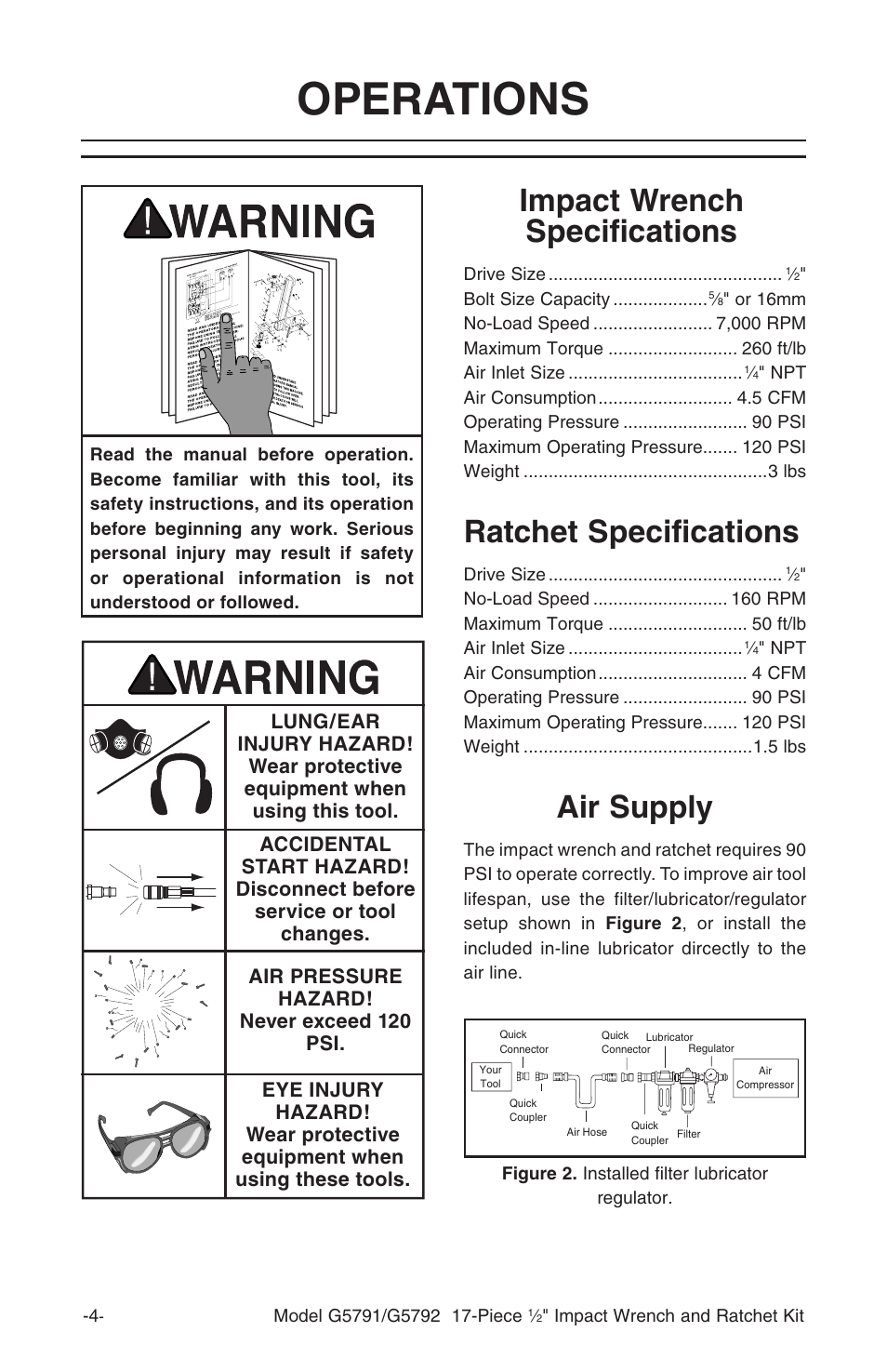 Operations, Impact wrench specifications, Ratchet specifications | Air supply | Grizzly G5792 User Manual | Page 5 / 8