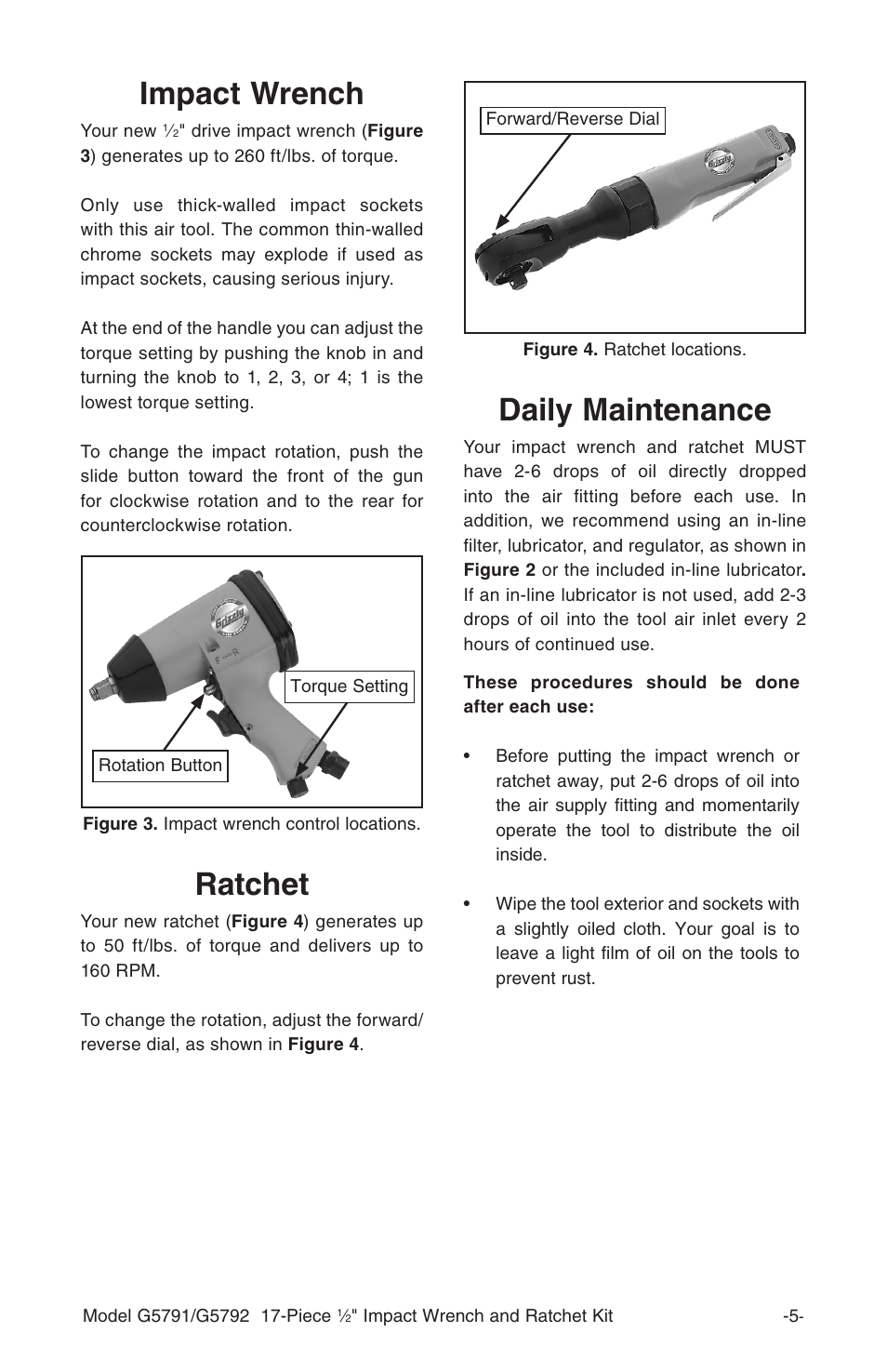 Daily maintenance, Impact wrench, Ratchet | Grizzly G5792 User Manual | Page 6 / 8