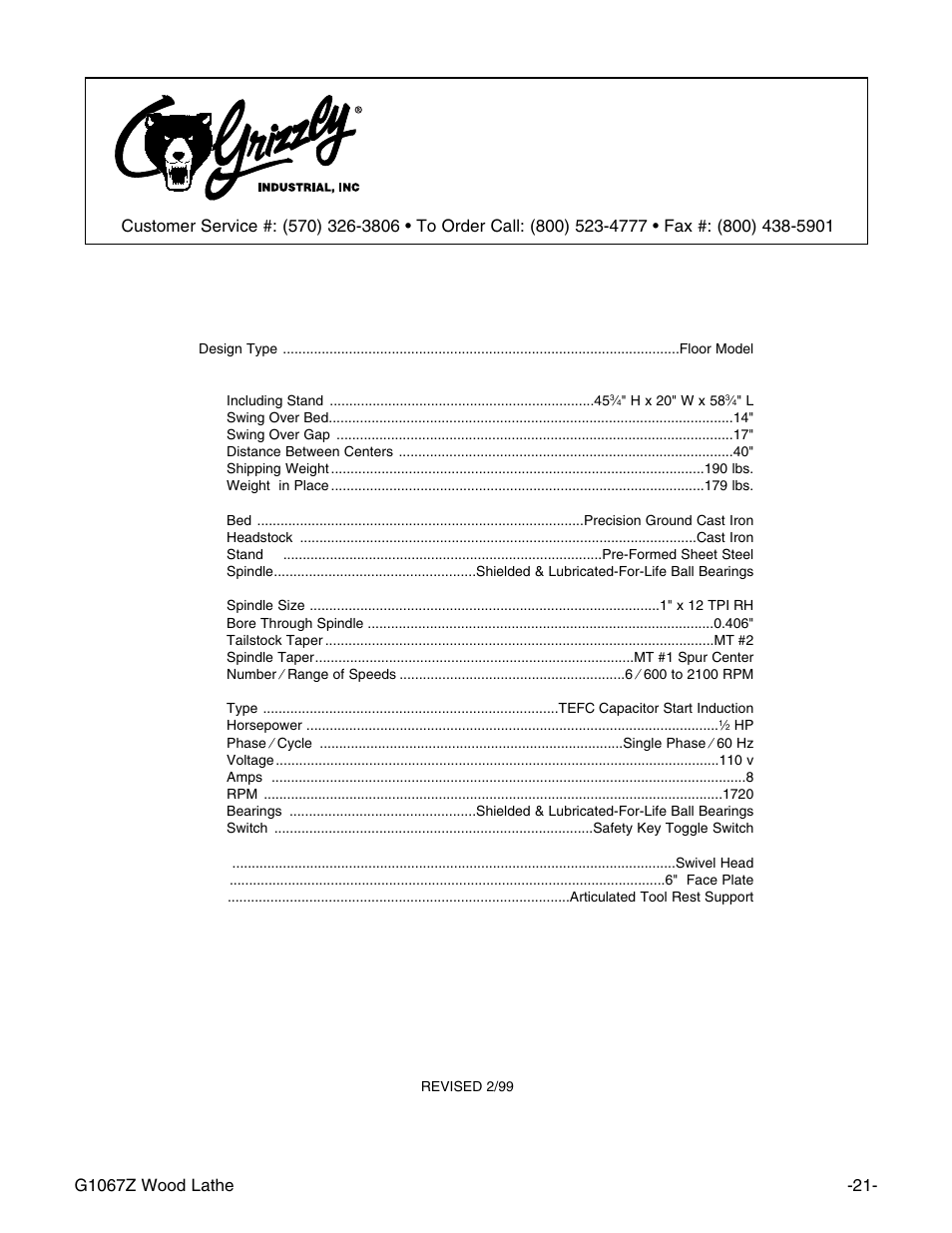 Machine data sheet, Grizzly model g1067z heavy-duty wood lathe | Grizzly G1067Z User Manual | Page 22 / 28