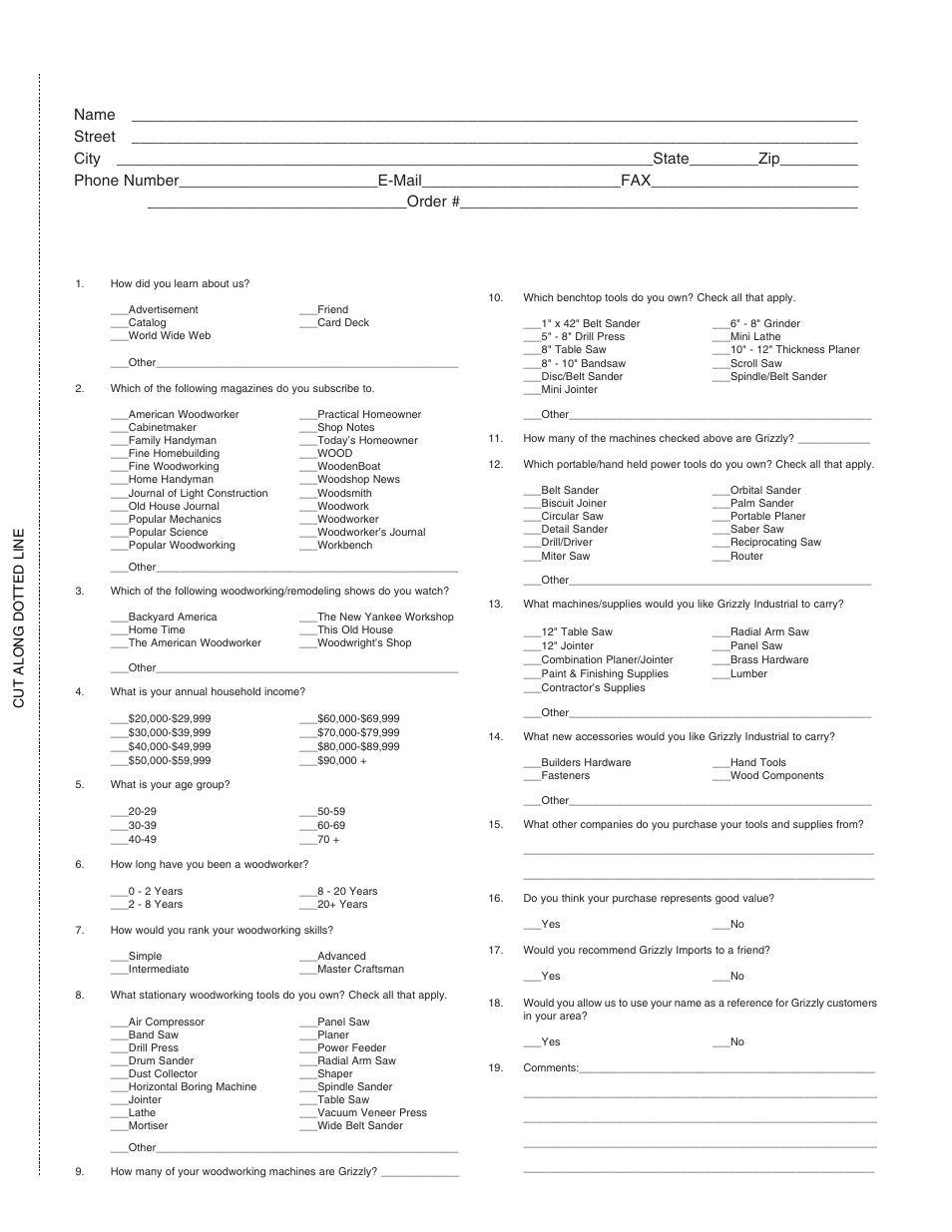 Warranty card, Cut along dotted line | Grizzly G1067Z User Manual | Page 26 / 28